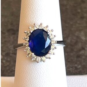 Sterling Silver 925 Sapphire Blue Halo Ring w/ CZ‎ Accents -Princess Diana Inspo